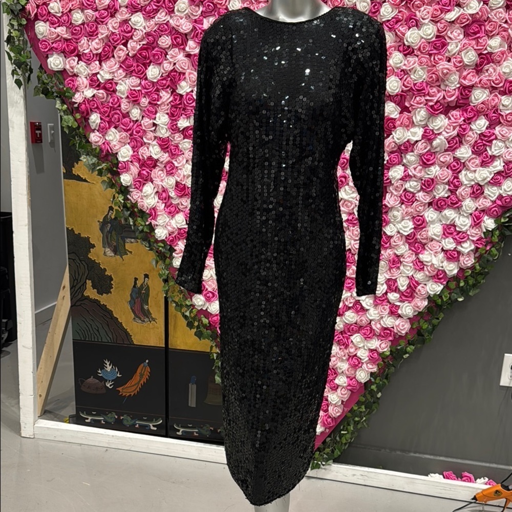 Swee Lo Black Sequin Open Back Midi Dress Size 12 Cocktail Party